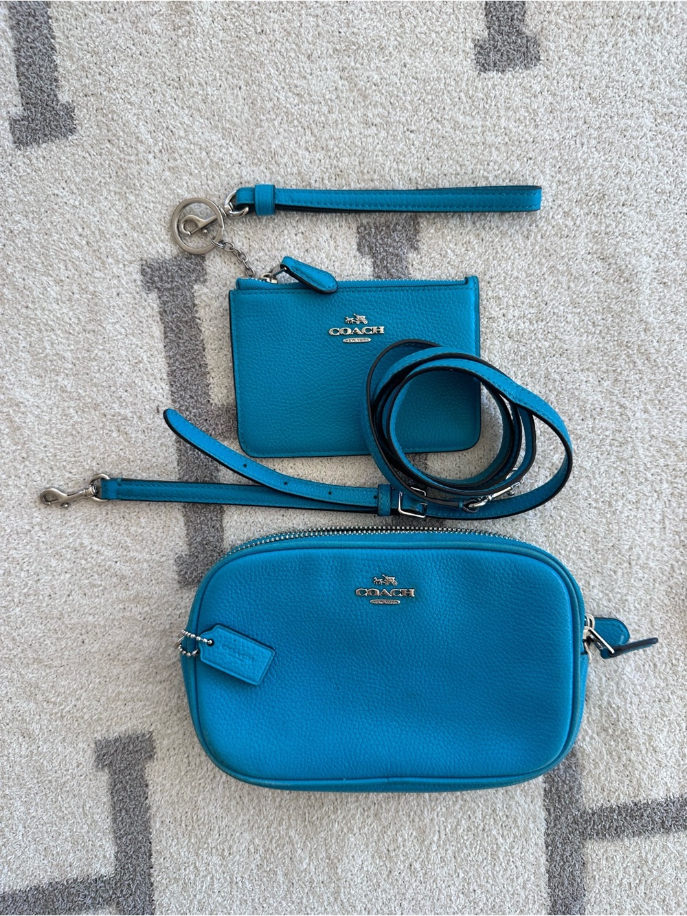Coach Teal Pebbled Leather Crossbody Set with Wristlet & Card Case